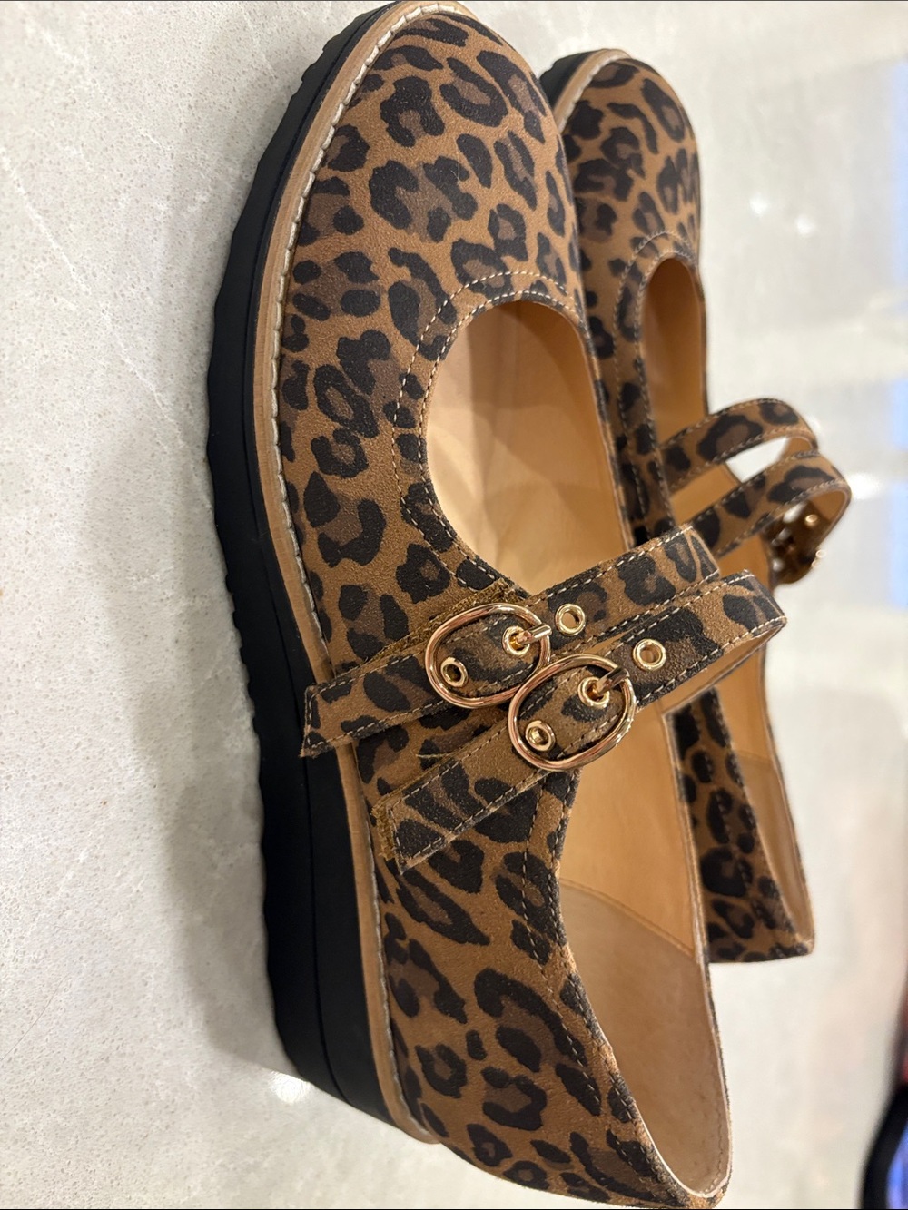 Django & Juliette Leopard Print Mary Jane Flats with Gold Buckle